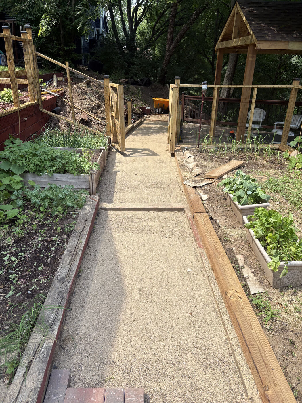 Before: graded and compacted base prepared for a paver walkway through a garden